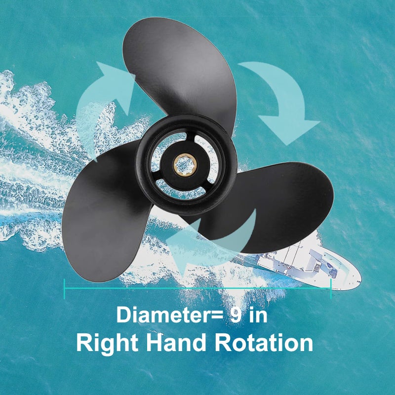 Qiclear 9 x 9 Pitch 48-828156A12 Upgrade Aluminum Outboard Boat Propeller for Mercury Motos 6/8/9.9/10/15HP,8 Spline Tooth,RH, 2-1/2" Gearcase - Image 4